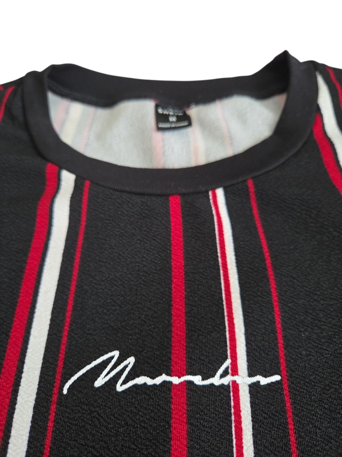 SHEIN Men’s Black Red White Striped Logo T-Shirt Slim Fit Crew Neck Size M