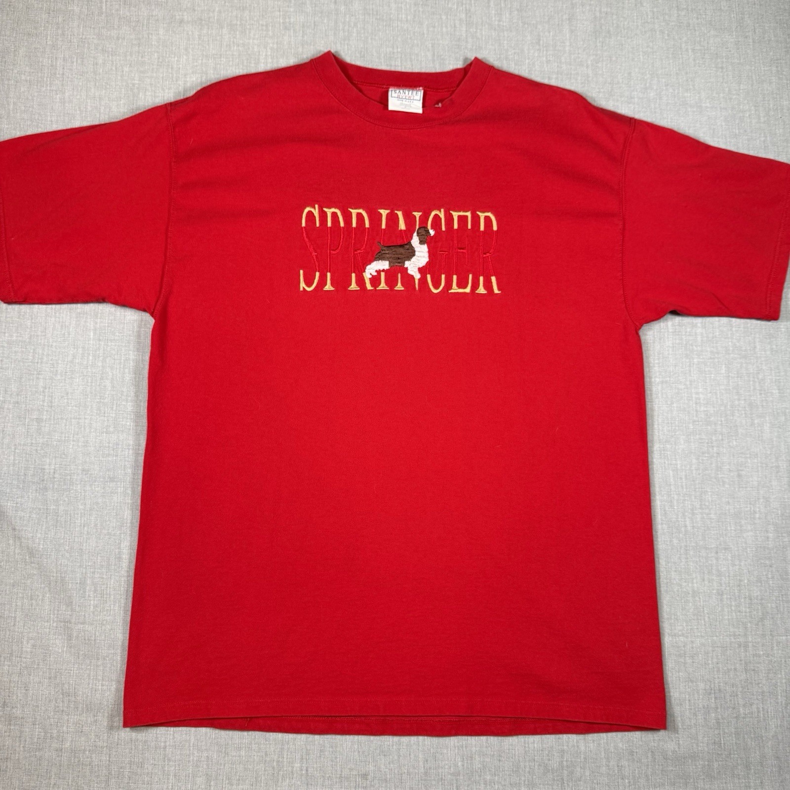 Vintage 90s Dog Springer Spaniel Dog Tee Embroidered Pet Red Large Santee