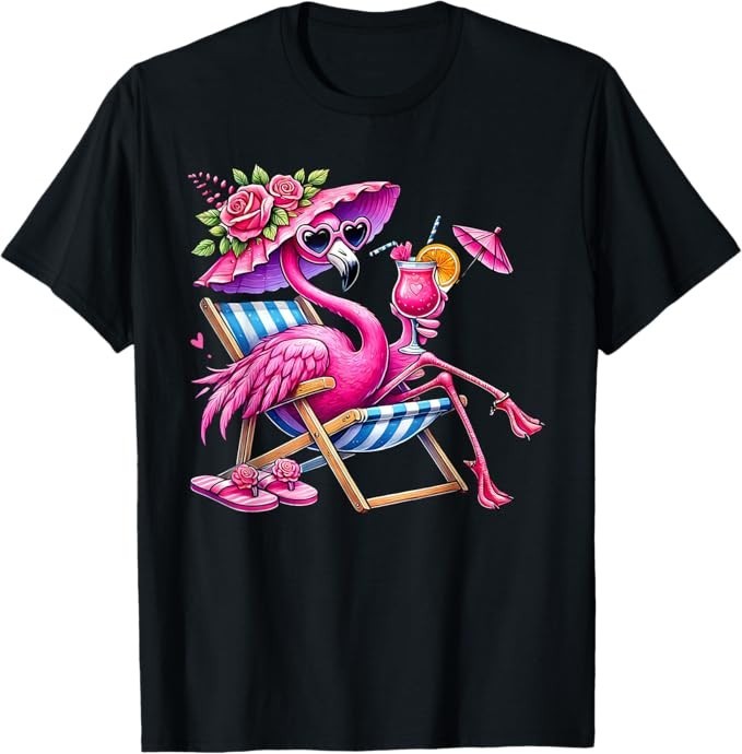 Flamingo Pink Palm Tree Tropical Beach Summer Vacation Women T-Shirt