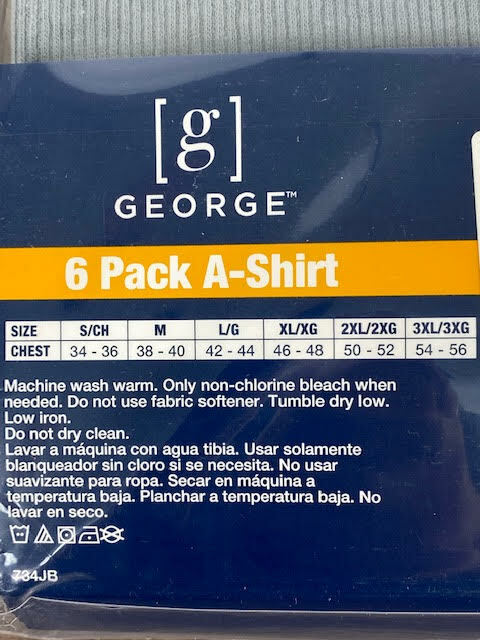 NEW! George Men’s Assorted A-Shirts, 6-Pack, Large, Black/Grey
