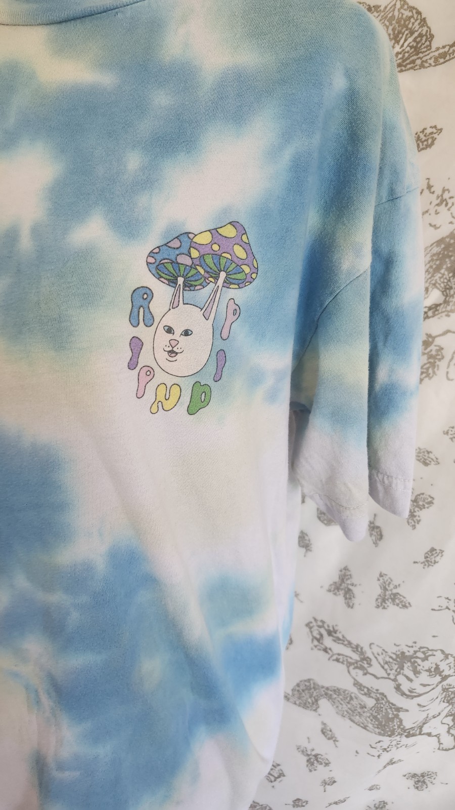 RIPNDIP Boomer Gang Blue & Yellow Tie Dye T-Shirt Sz M cats and mushrooms