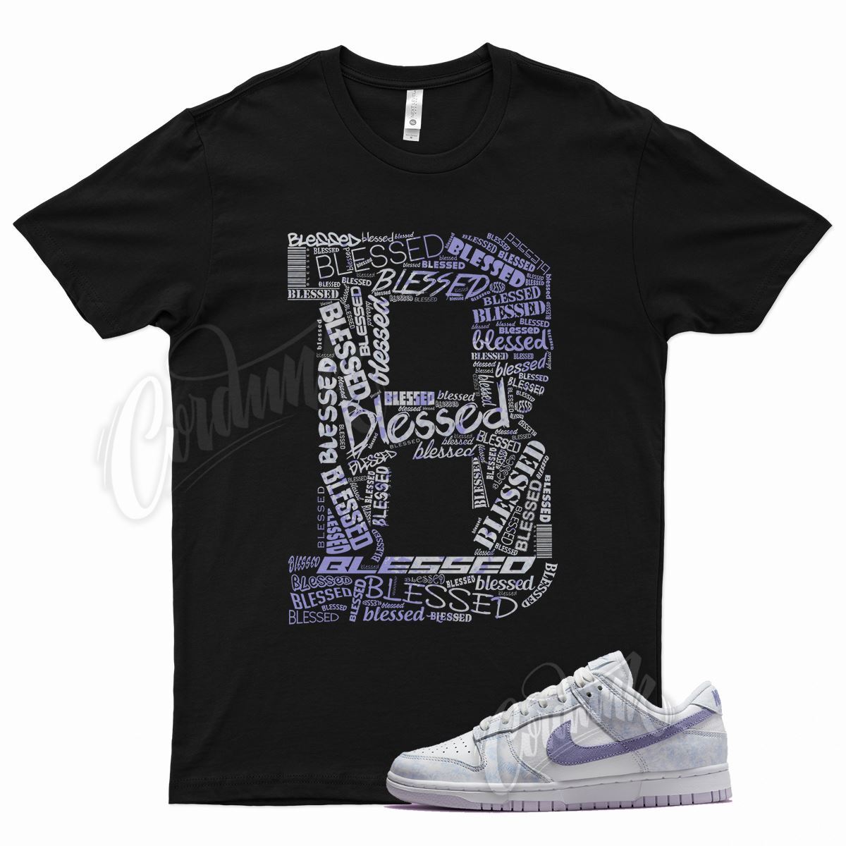 Black BLESSED T Shirt for N Dunk Low Purple Pulse White Hyper Royal Blue