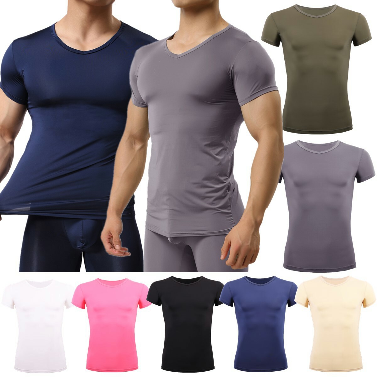 Mens Sport Gym T-Shirt Sexy Muscle Tops Fitness Short Sleeve Tee V-Neck Tights