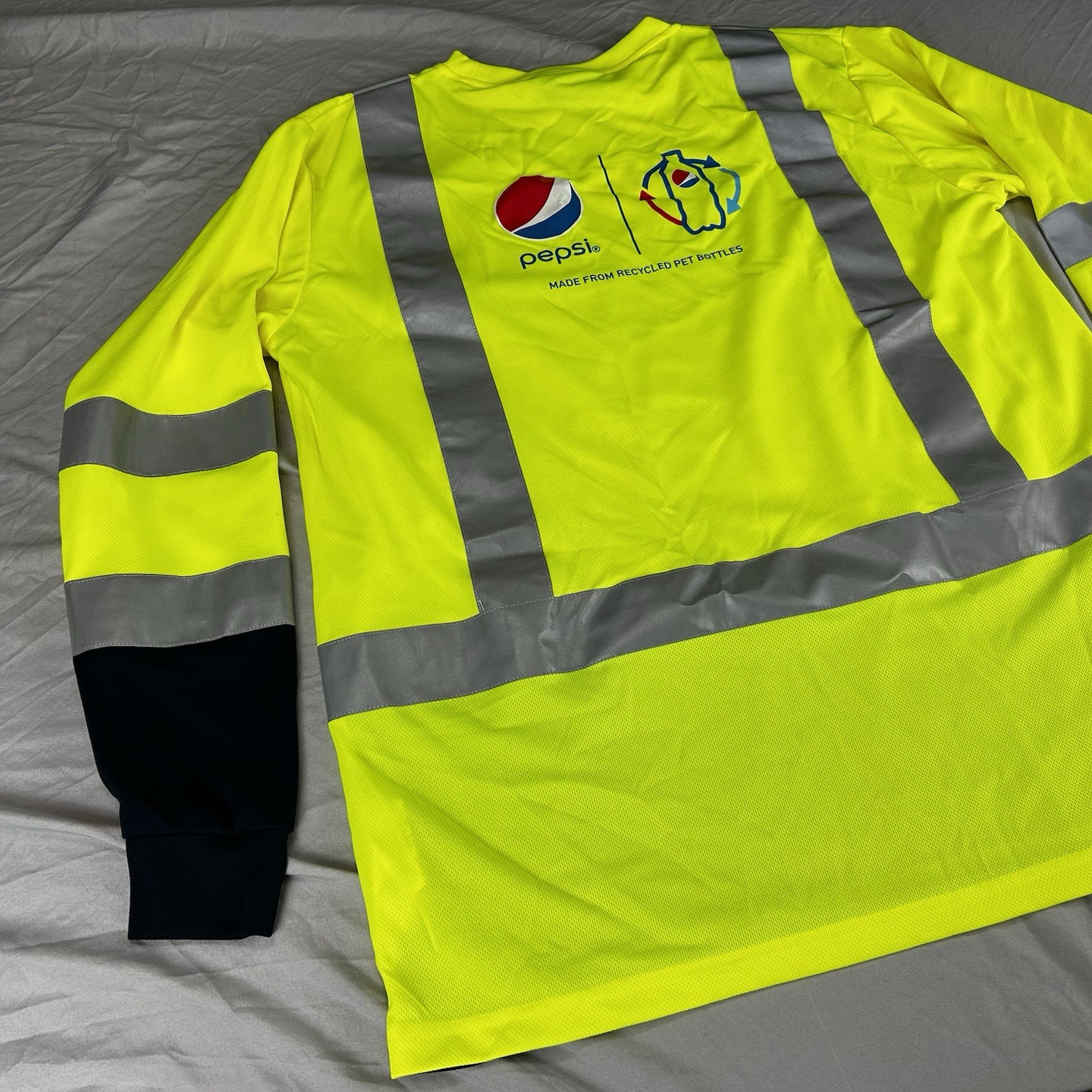 PEPSI Recycled Plastic Long Sleeve T-Shirt Large Reflective Neon Yellow NICE!