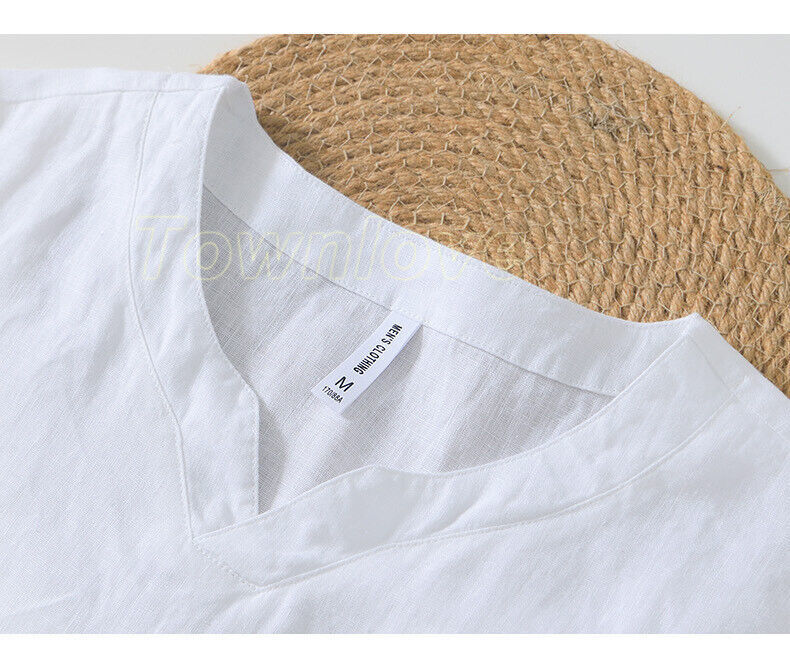 Men 100% Linen V Neck T-shirt Retro Summer Short Sleeves Tops Casual Undershirt