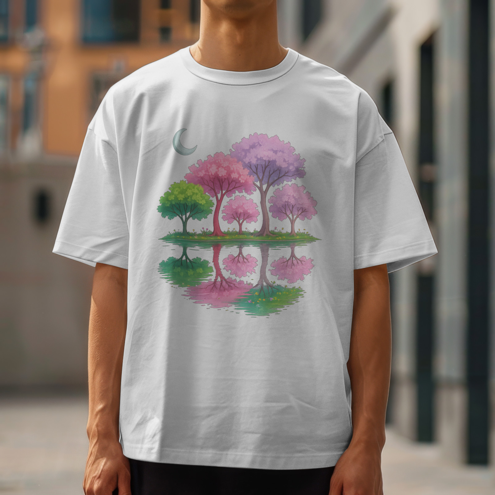 Pastel Tree Reflection Shirt Moon Nature Landscape Graphic Tee Colorful Art