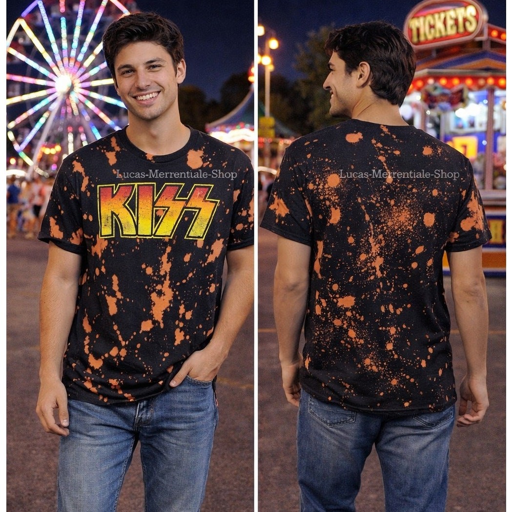 KISS Rock Band Bleach Wash Black T Shirt Men’s Medium 38 Chest Graphic