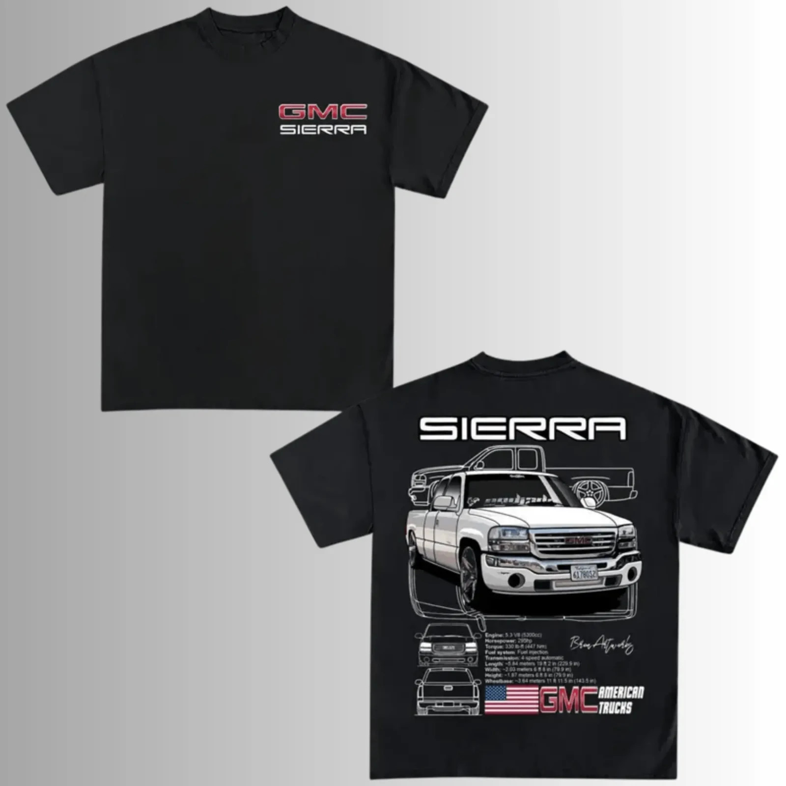 Lowered White GMC Sierra Truck, 2 Sides, 5.3 V8 American Street Graphic Tee