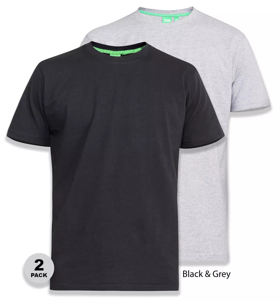 D555 Duke Big Mens 2 Pack Crew Neck T-Shirt Black/Grey 2XL-8XL (KS16894)