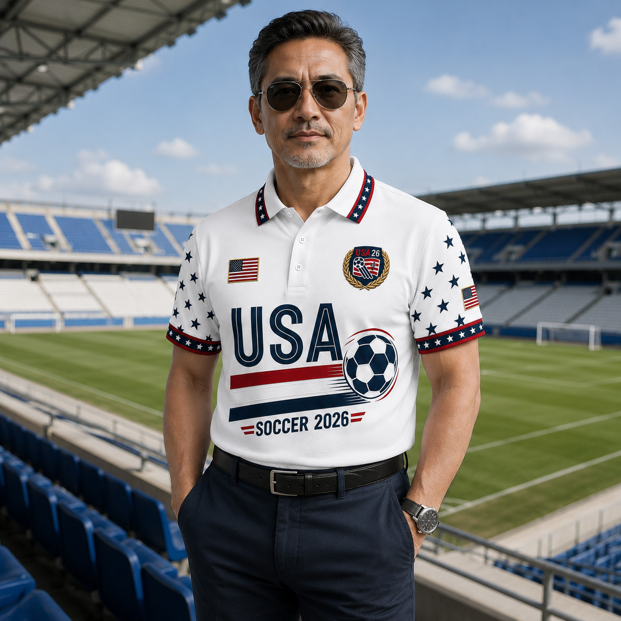 American Soccer Polo Shirt USA Patriotic Flag Soccer Fan July 4th Gift (S-5XL)