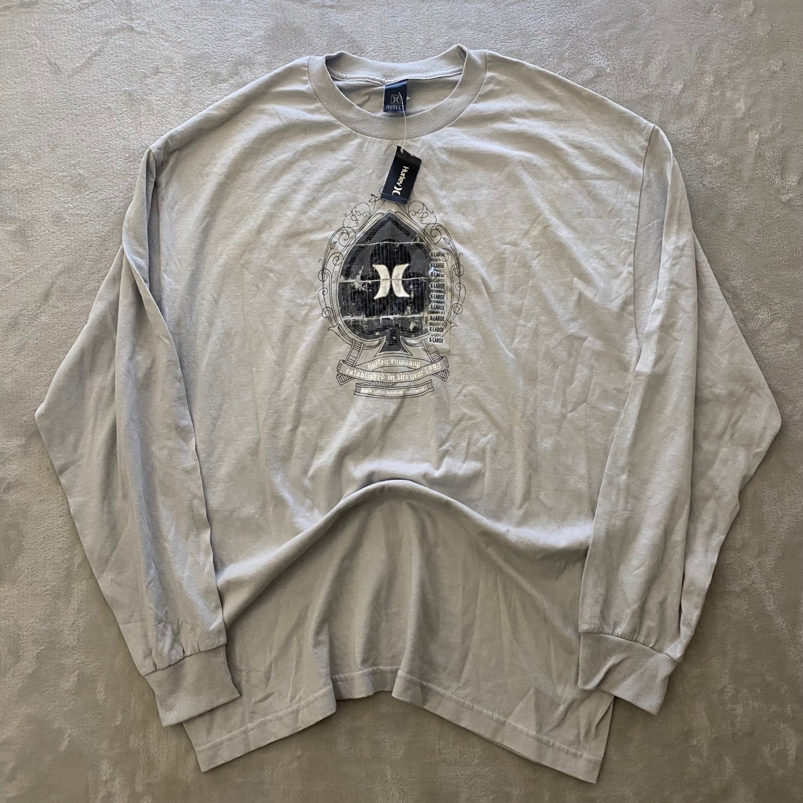 Vintage Hurley Mens Long Sleeve Graphic Tee Shirt Gray Spade XL HURMLS07C NWT
