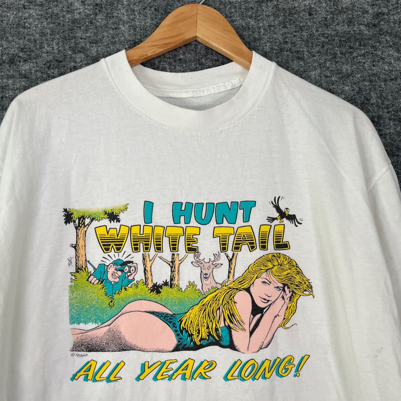 Vintage I Hunt White Tail All Year Long Shirt Size L / XL Hunting 90s Comic Joke