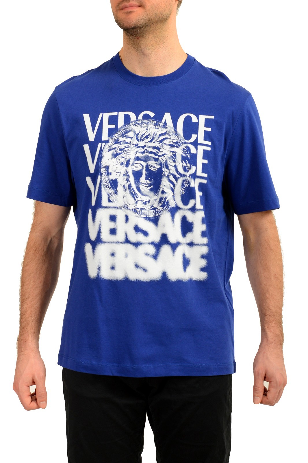 Versace Men’s Blue Logo Print Crewneck Short Sleeve T-Shirt US 2XL IT 56