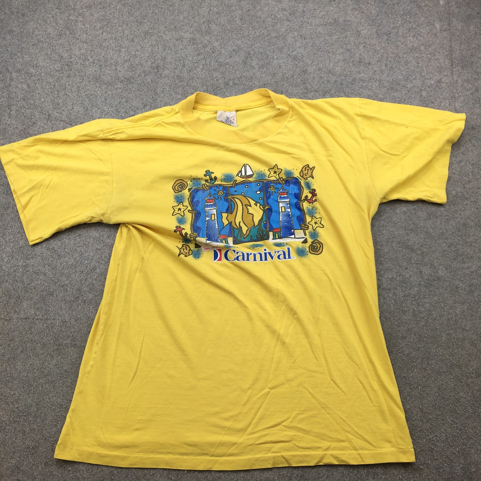 Vintage Carnival Shirt Mens 2XL Yellow Fun Ships Lighthouse Fish Graphic 90s Tee
