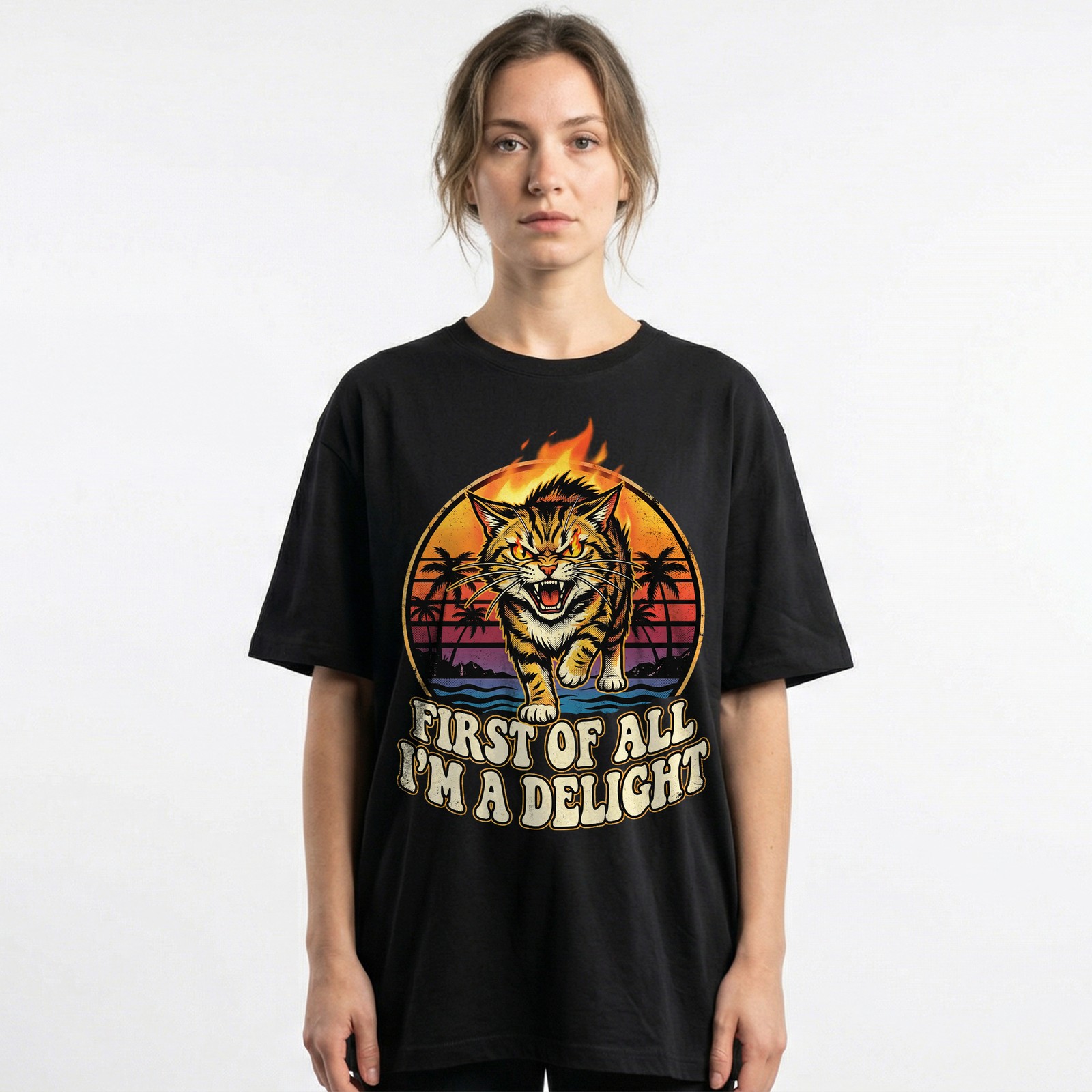 Angry Tiger Fire Eyes Tropical Beach Tee Retro Sunset Palm Trees T-Shirt