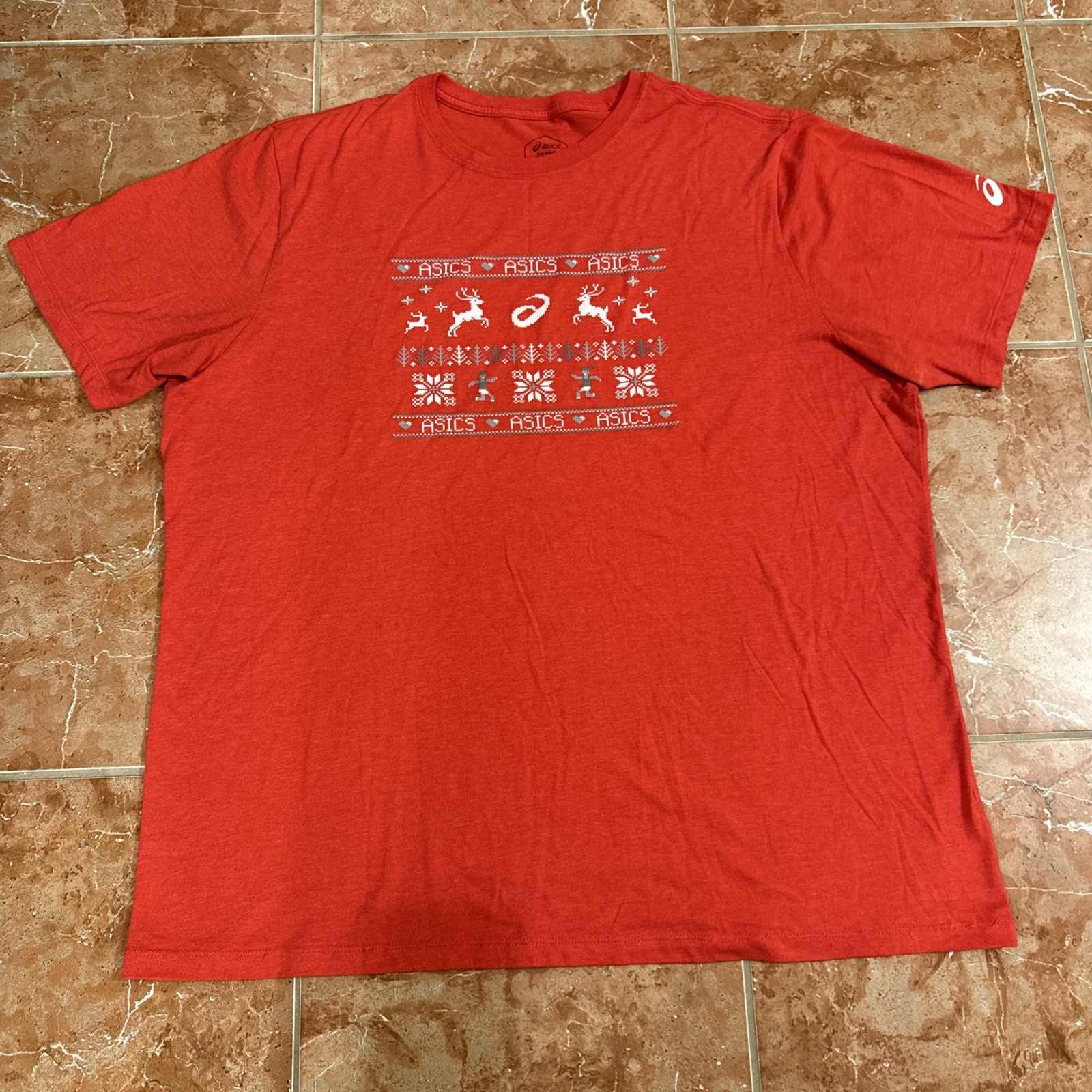Unisex ASICS Red Holiday Short Sleeve Tee. Ugly Christmas Sweater Graphic Sz 2XL