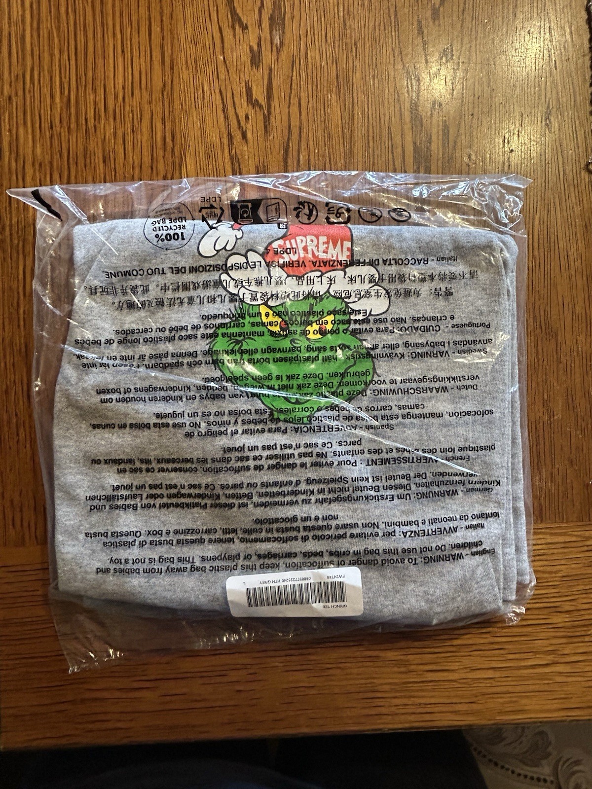 Supreme The Grinch T Shirt Size Large (Gray) 100% Authentic