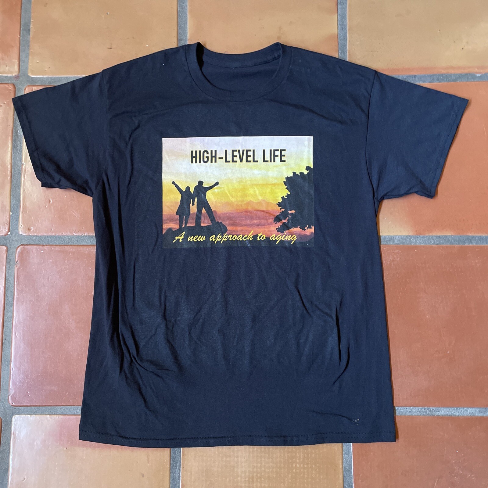 Vintage Black Graphic Print T-Shirt High Level Life A New Approach To Aging Tee