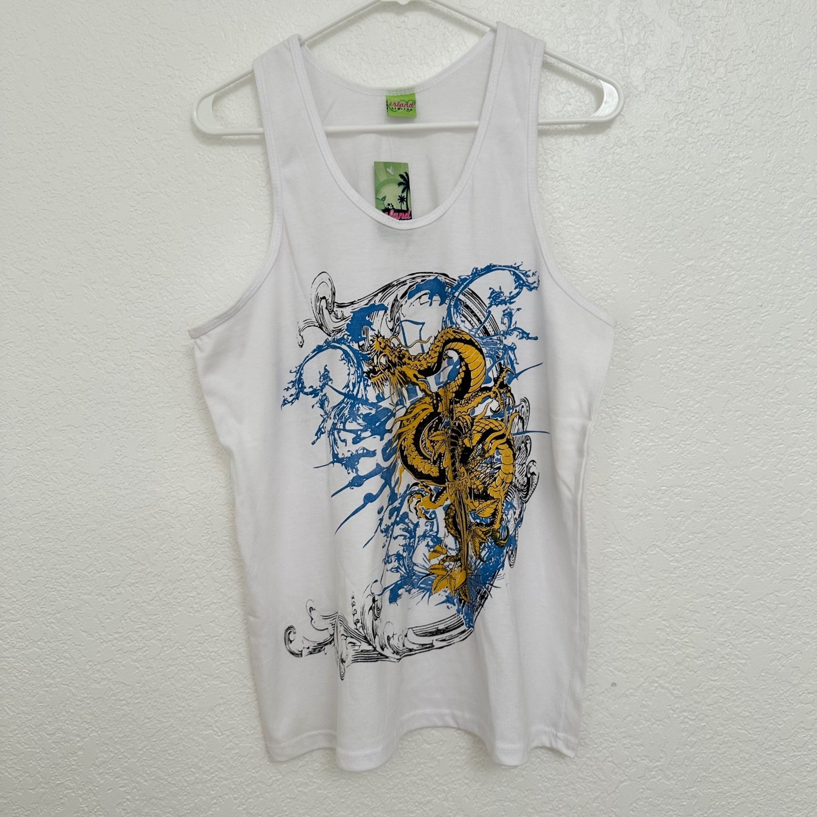 Island Limited Mens Graphic Tank Top White Golden Dragon Sword Y2K Streetwear L