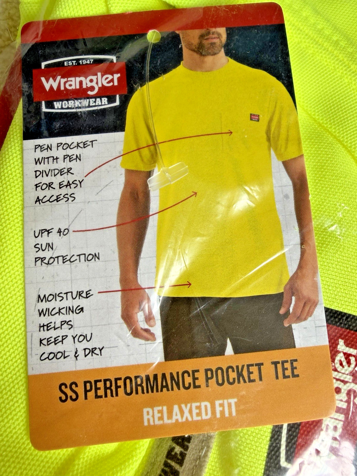 2 Wrangler Workwear SS Performance Tee Moisture Wicking UPF 40 Pocket Yellow XL