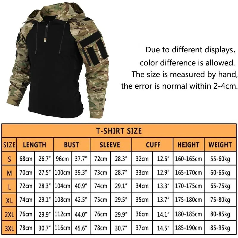 Outdoor Shirts Camo Combat T-Shirt Hooded Men Tactical Shirt Airsoft