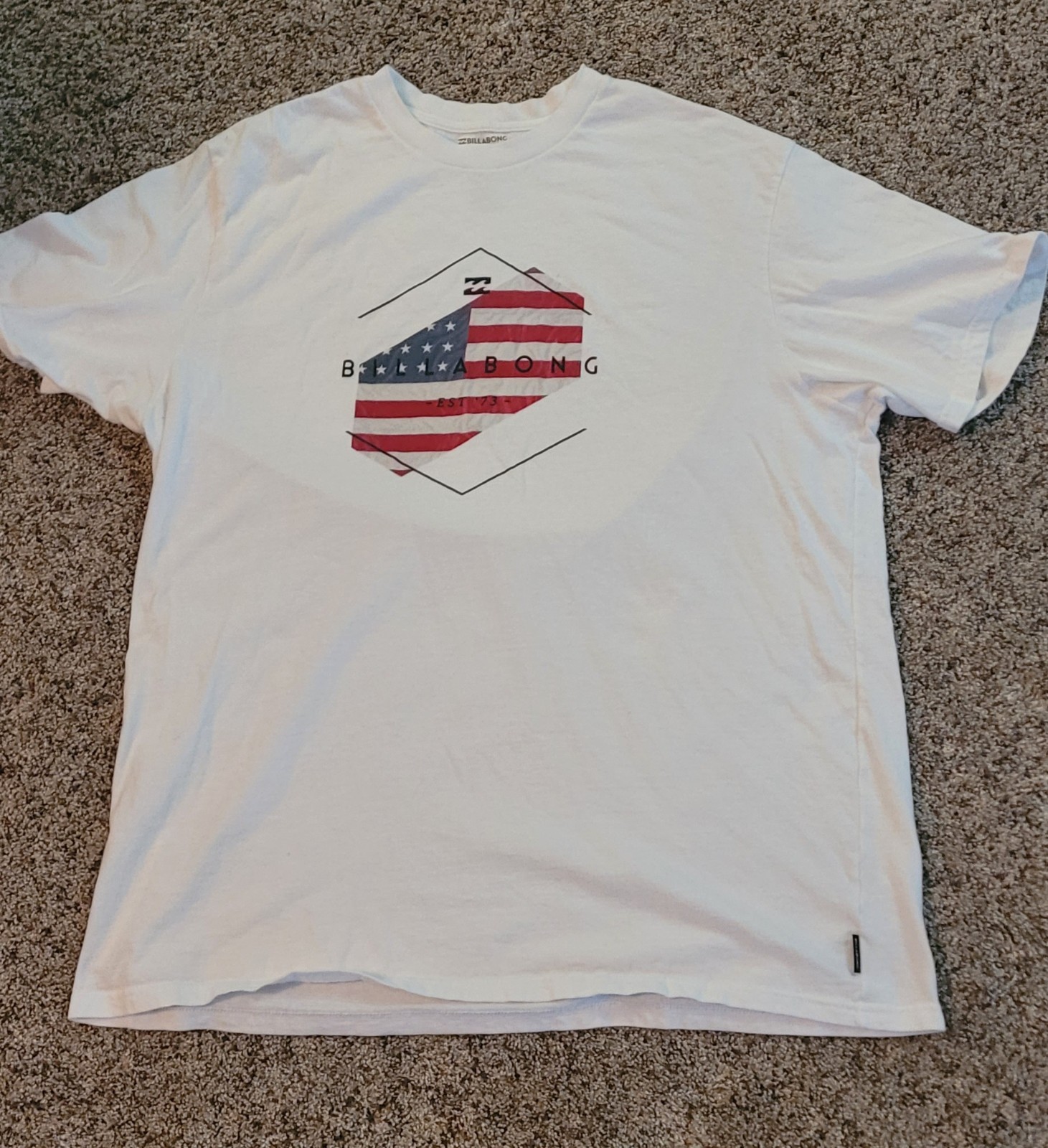 Billabong Size 2XXL Tshirt, White W/American Flag Design