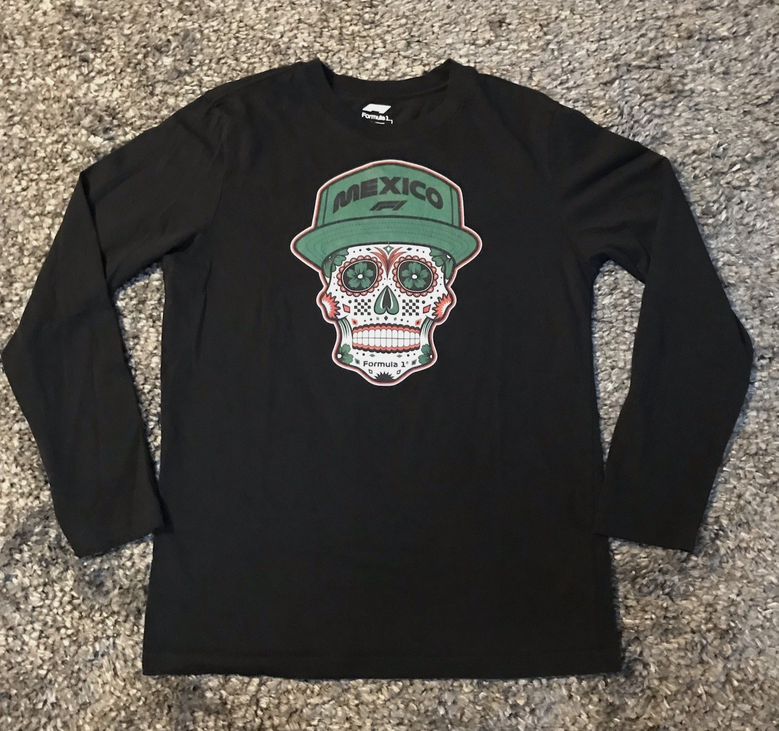 Formula 1 Shirt Mens Med Black Long Sleeve Mexico Skull Dia De Los Muertos F1