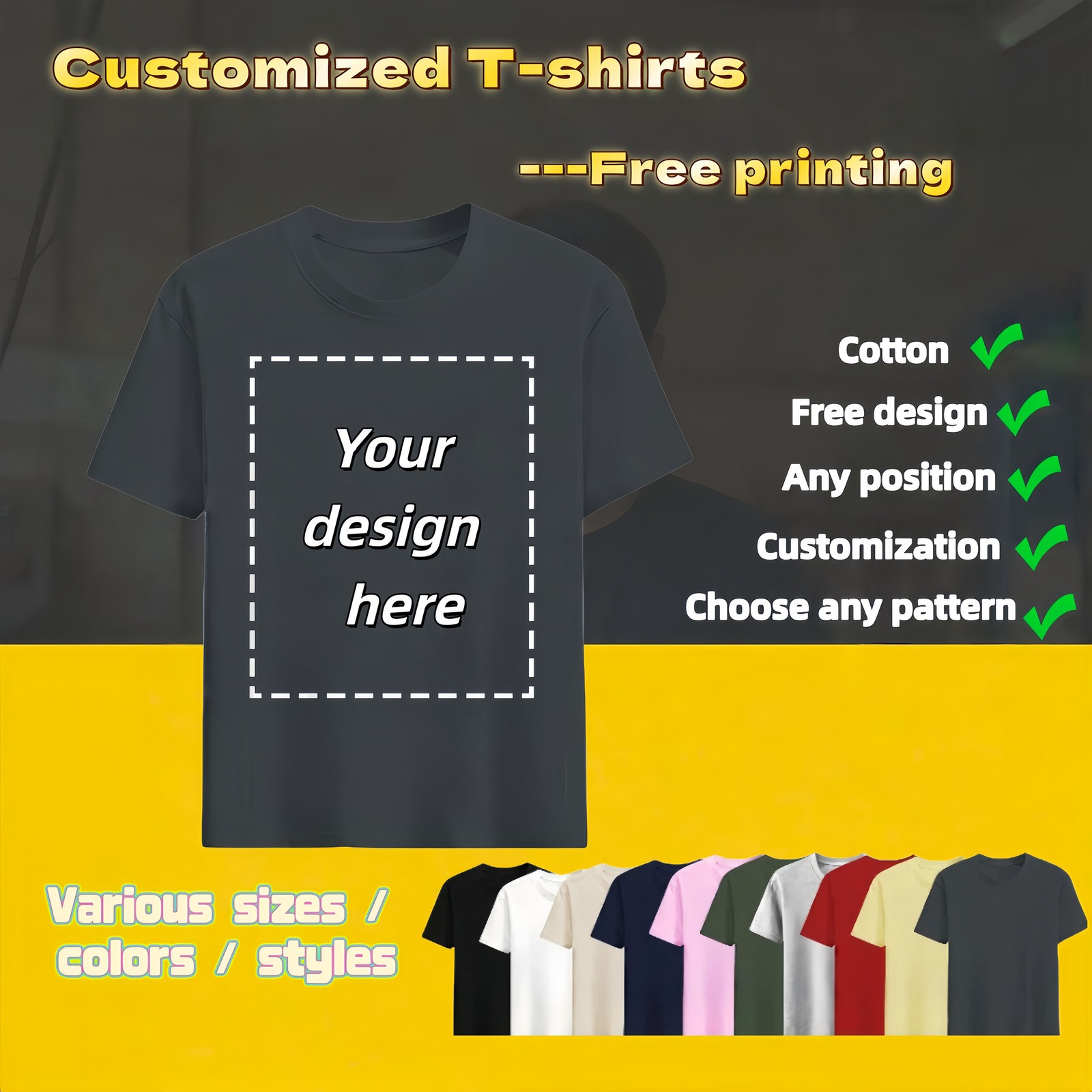 Personalized T-shirts, customizable with your text,photos or logo made of cotton