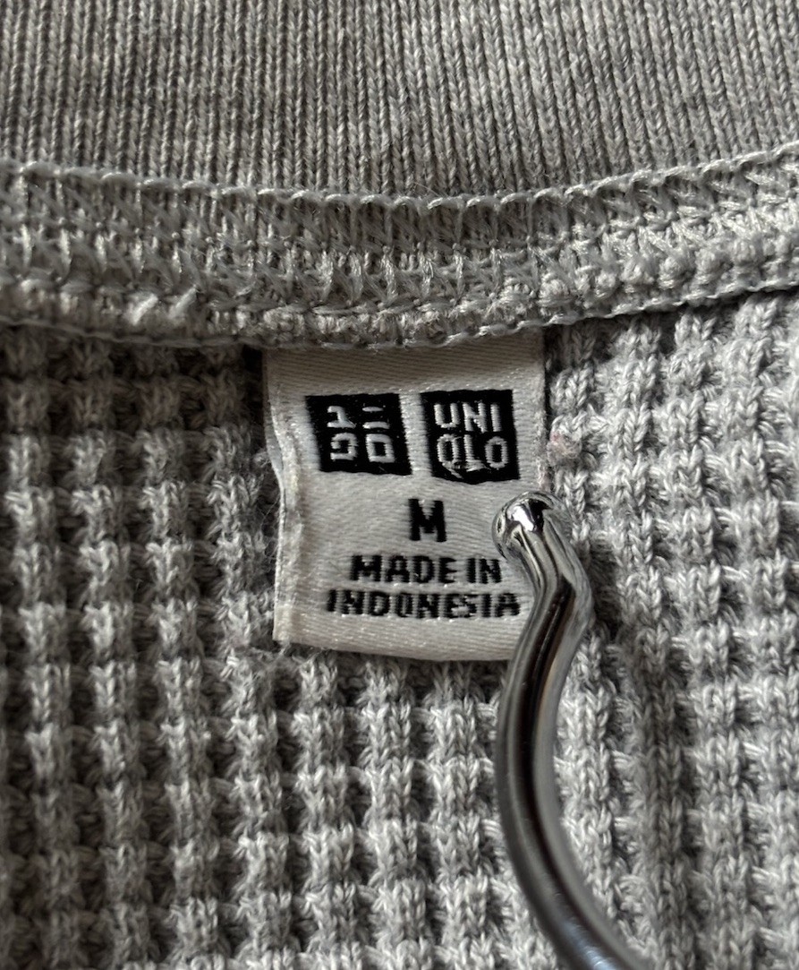 UNIQLO Mens Medium Waffle Knit Thermal Top Grey 3/4 Length Short Sleeves