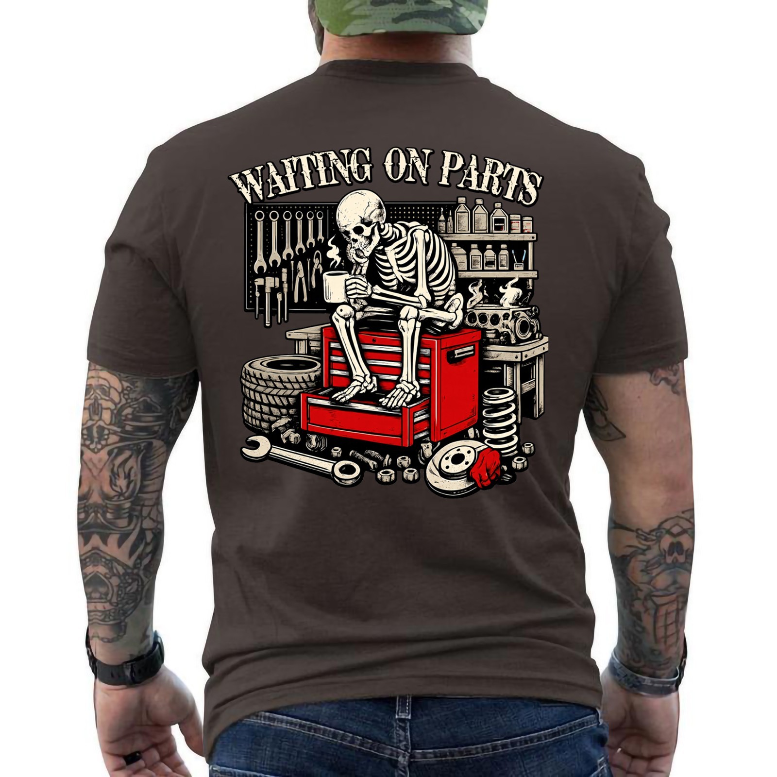 Funny Waiting On Parts Mechanic Skeleton Auto Repair Life Retro ON BACK T-Shirt