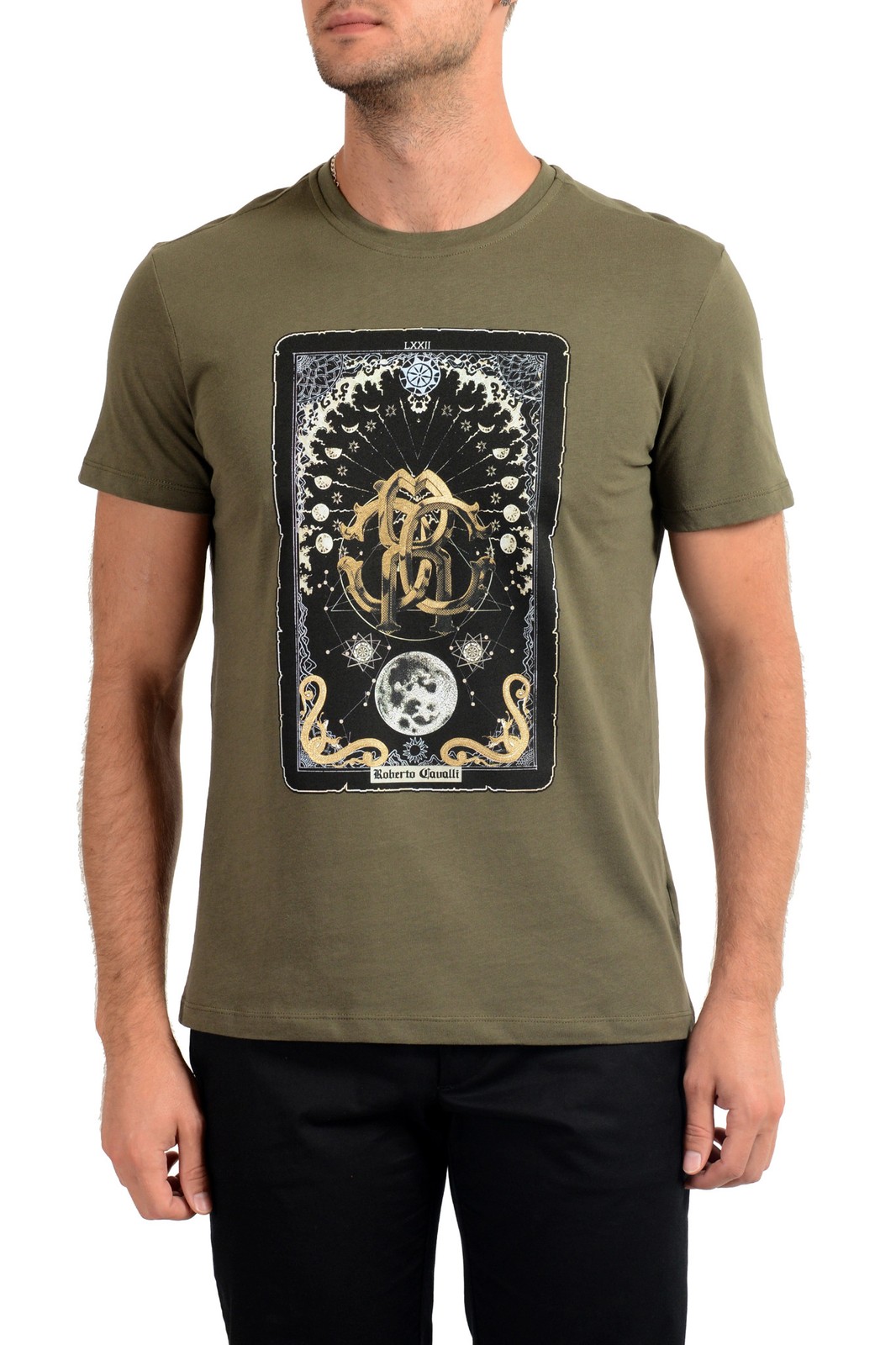 Roberto Cavalli Men’s Olive Green Graphic Print Crewneck T-Shirt US M IT 50
