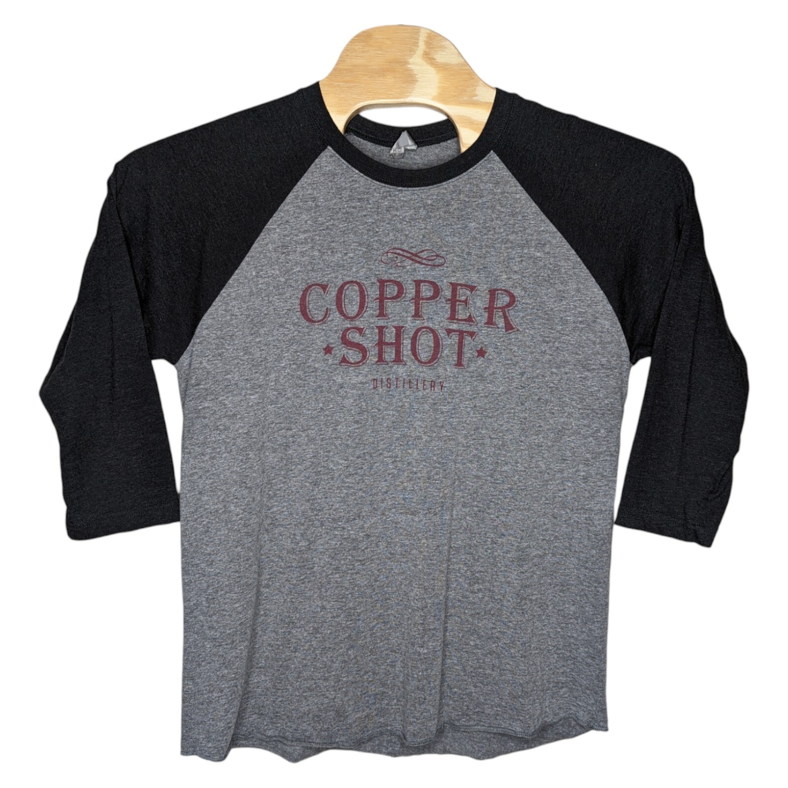 Copper Shot Distillery T Shirt Size Large Bastrop Texas 3/4 Raglan Ringer