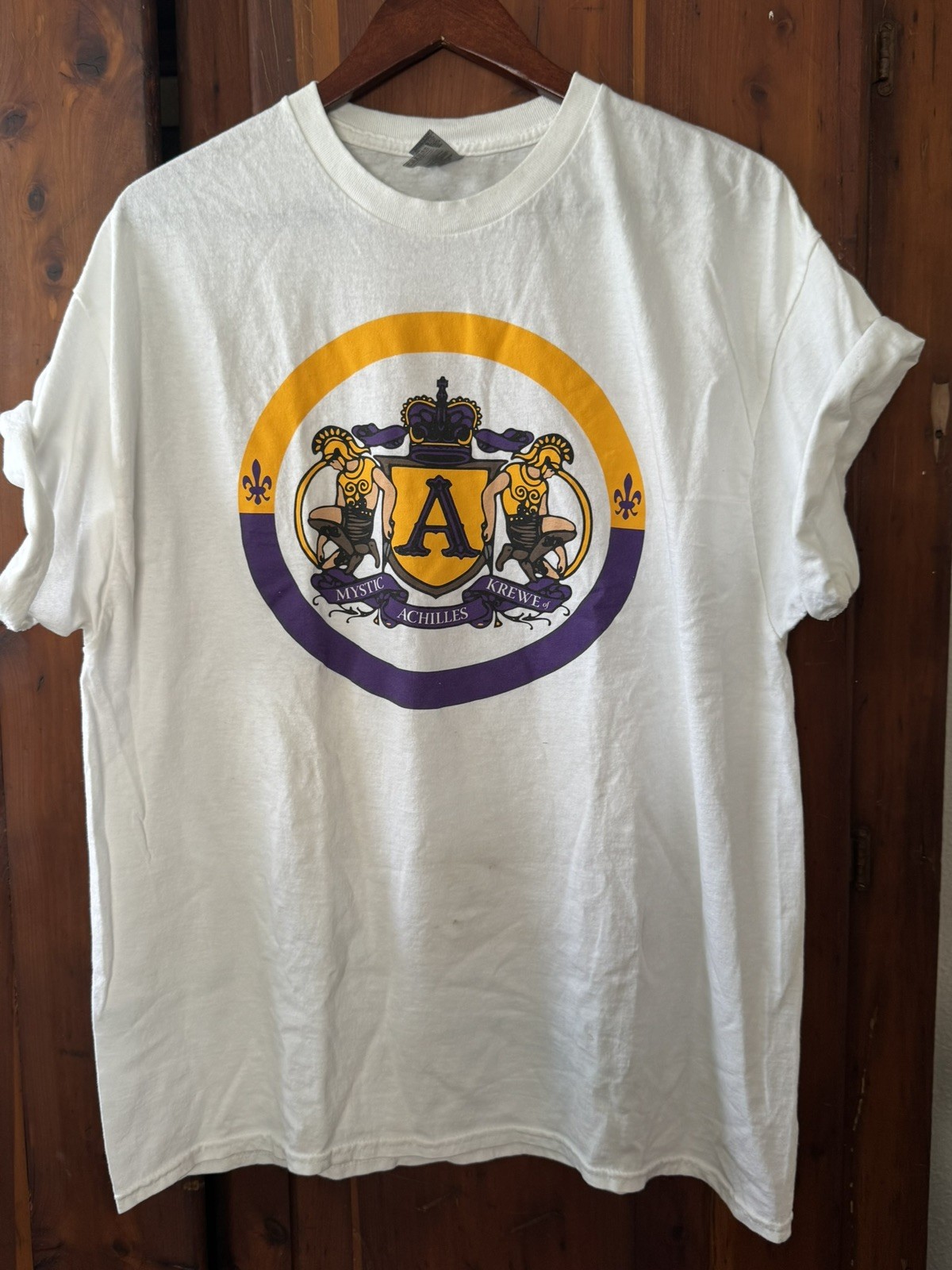 Mardi Gras Mystic Krewe of Achilles White Cotton T-shirt, Unisex Size XL