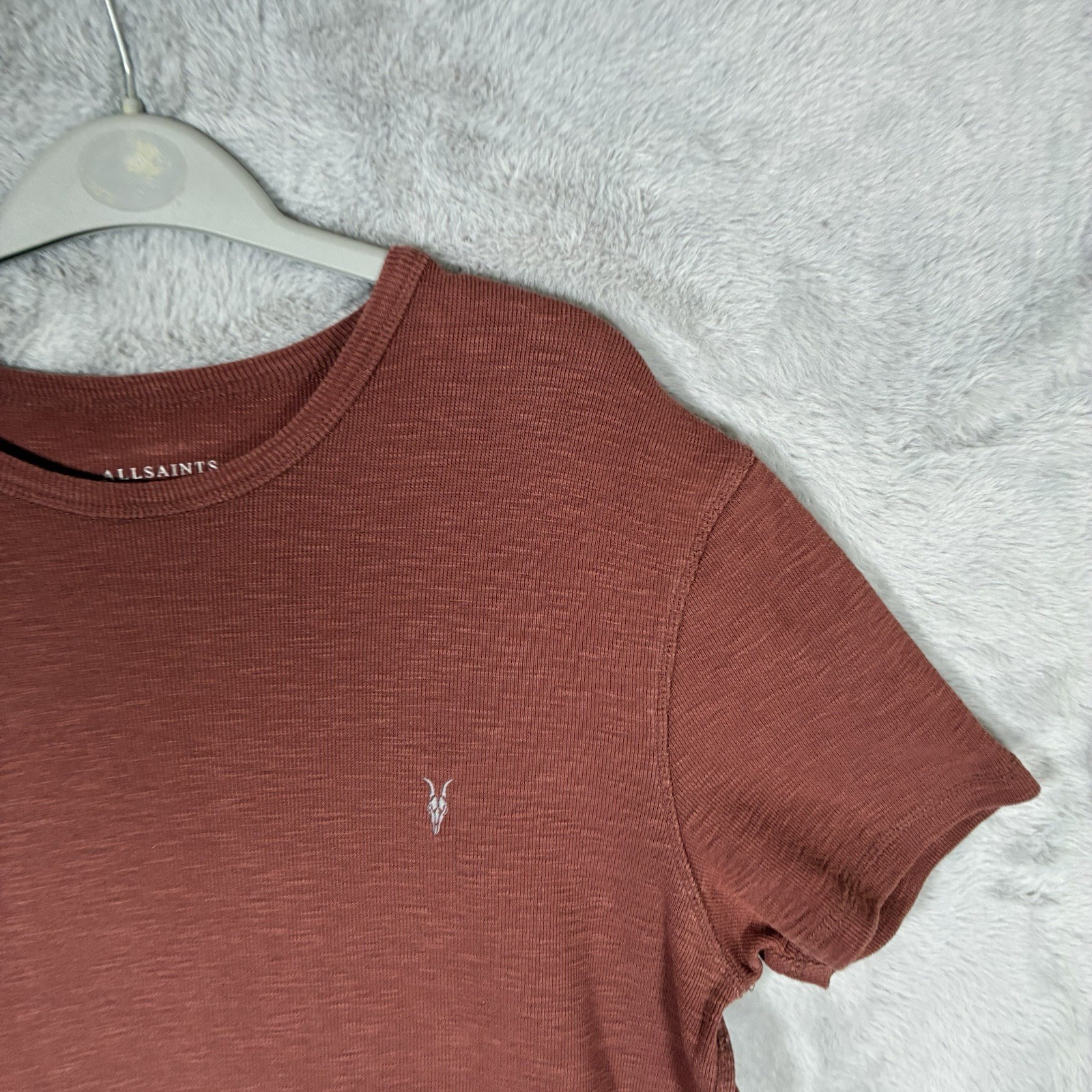 AllSaints ESUM T-Shirt Mens Large Brown Woven Cotton Short Sleeve Crew