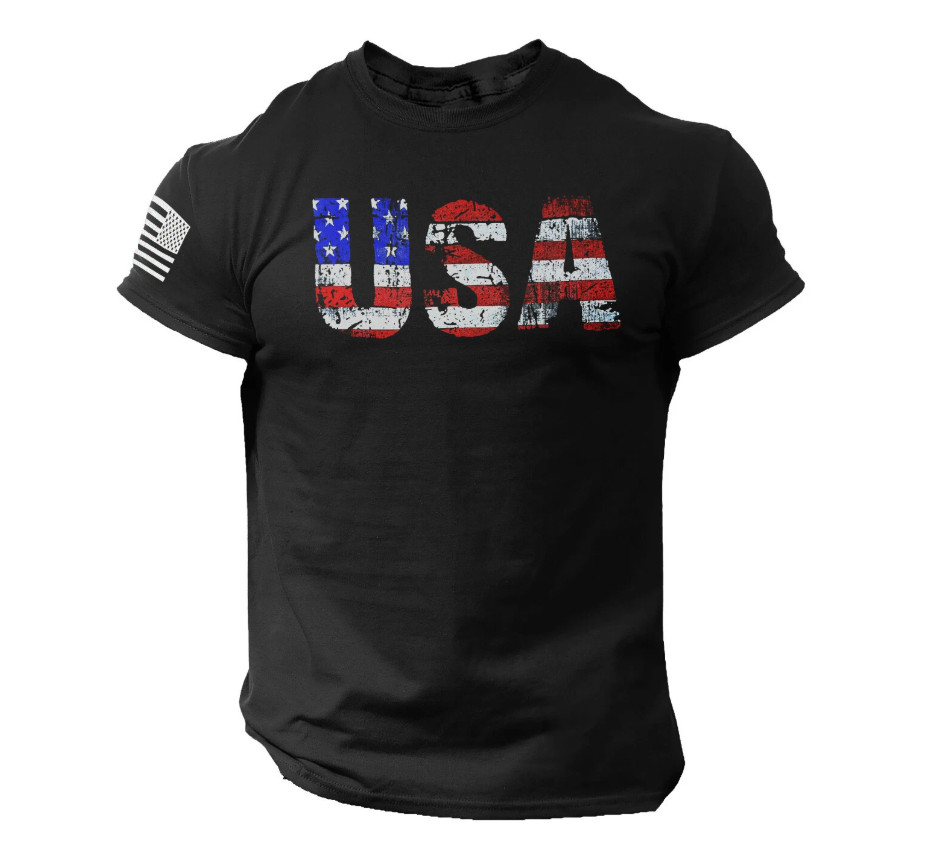 USA Distressed American Flag Letters Patriotic Men T-Shirt Vintage US Tee