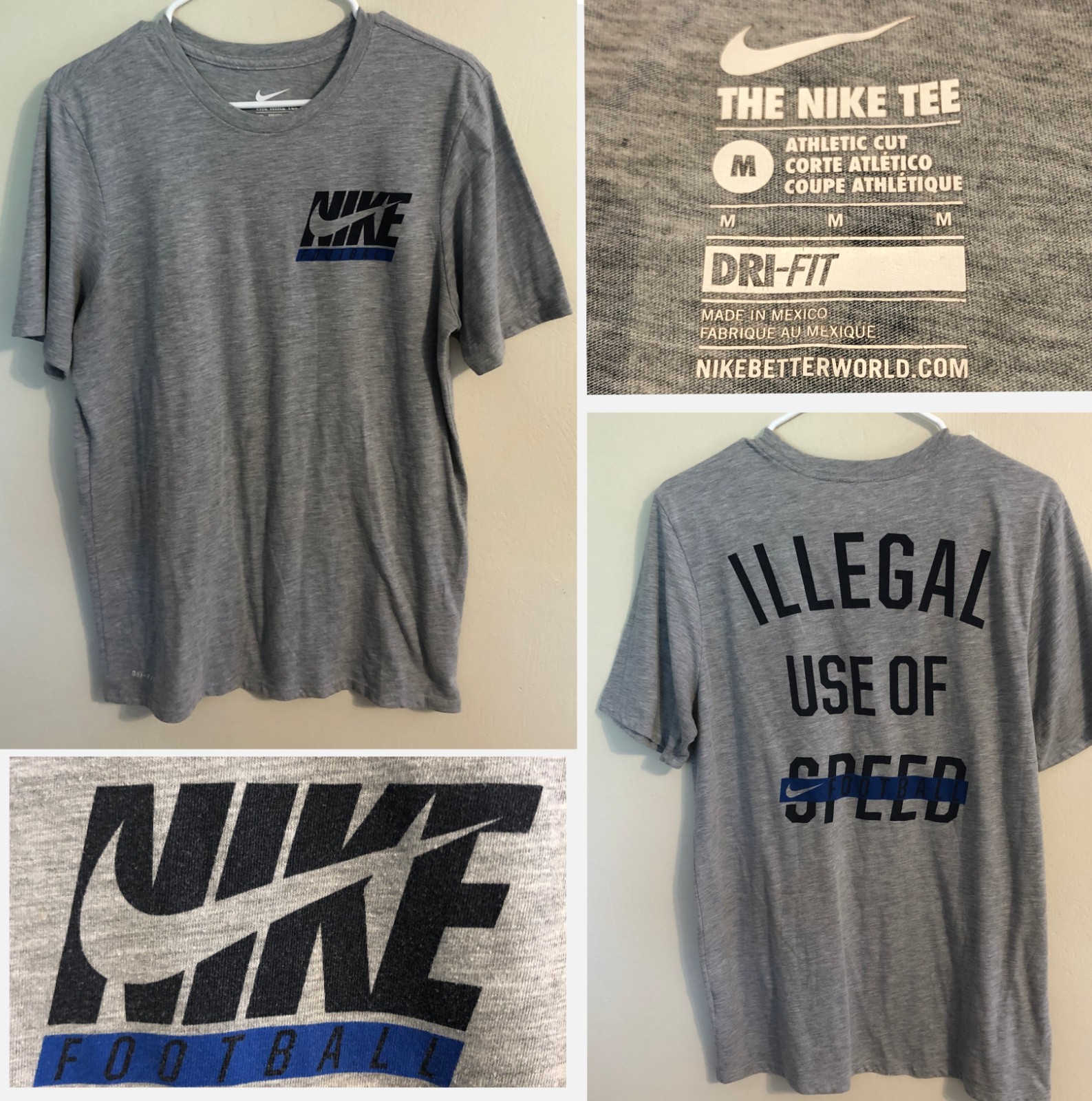 Nike Tee Athletic Heather Gray T-Shirt Sz M 2-Sided Illegal Use of Speed
