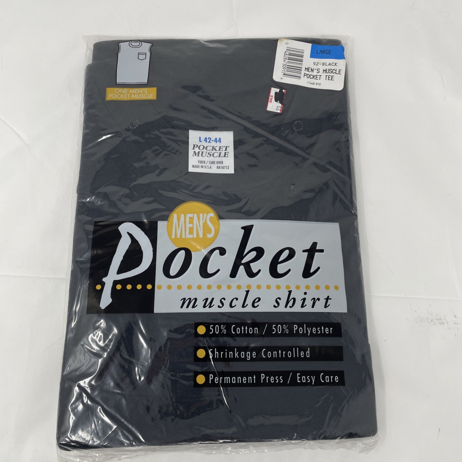 Muscle T Shirt With Pocket Vintage Mens Sleeveless Black Kmart NOS Large