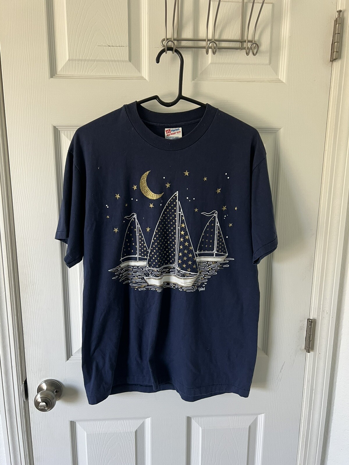 Vintage Foiled Art Shirt Sailboat Ocean Moon Stars Gold Glitter Large Navy Blue