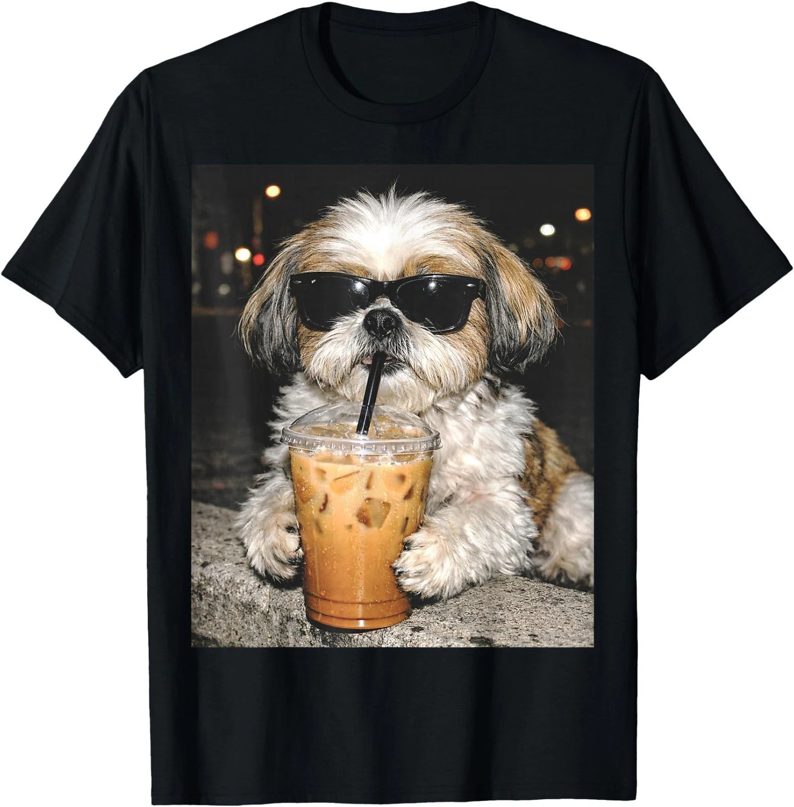 Funny Shih Tzu Drinking Iced Coffee Dog Meme T-Shirt ,Unisex Tee