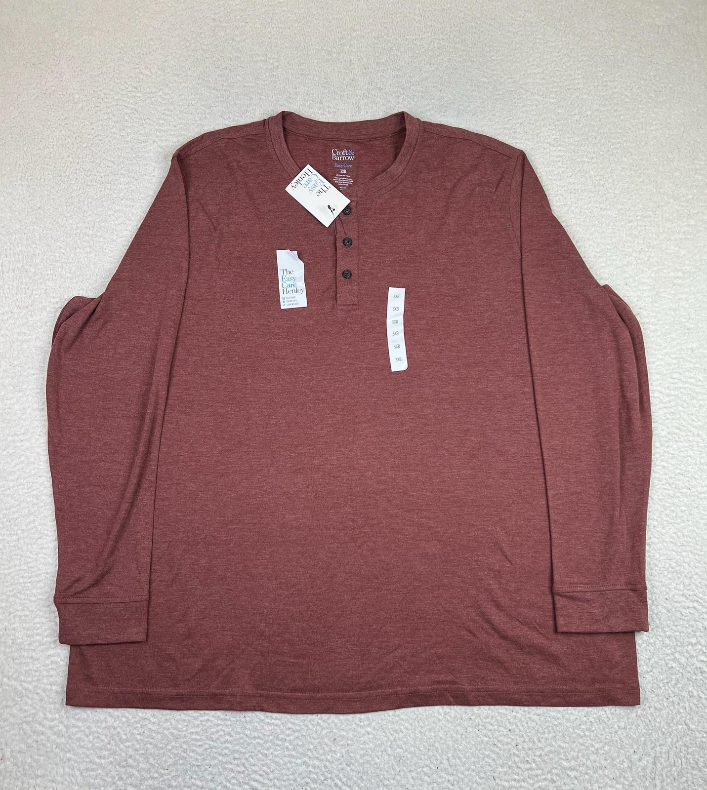 Croft & Barrow Henley Shirt Mens Big 3X Red Easy Care Long Sleeve Lightweight