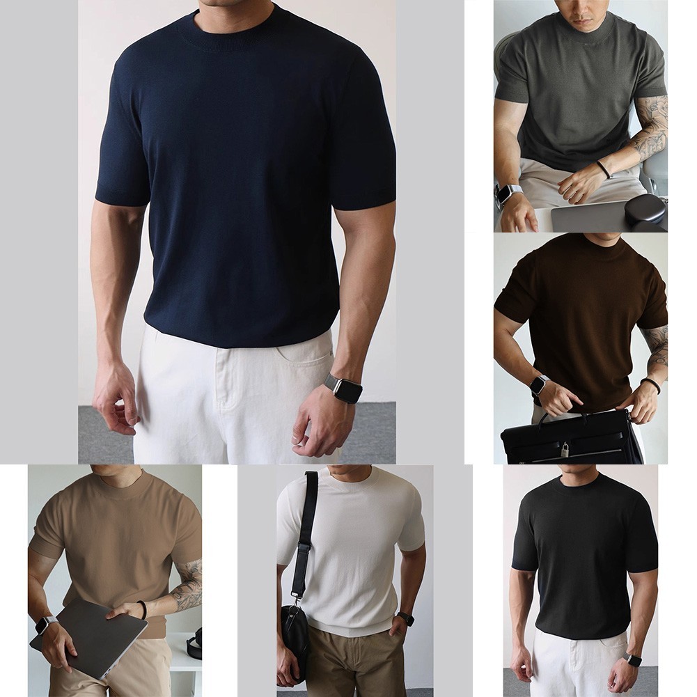 Mens Knitted Half-High Collar Short Sleeve T-Shirt Casual Slim Knit Pullover Top