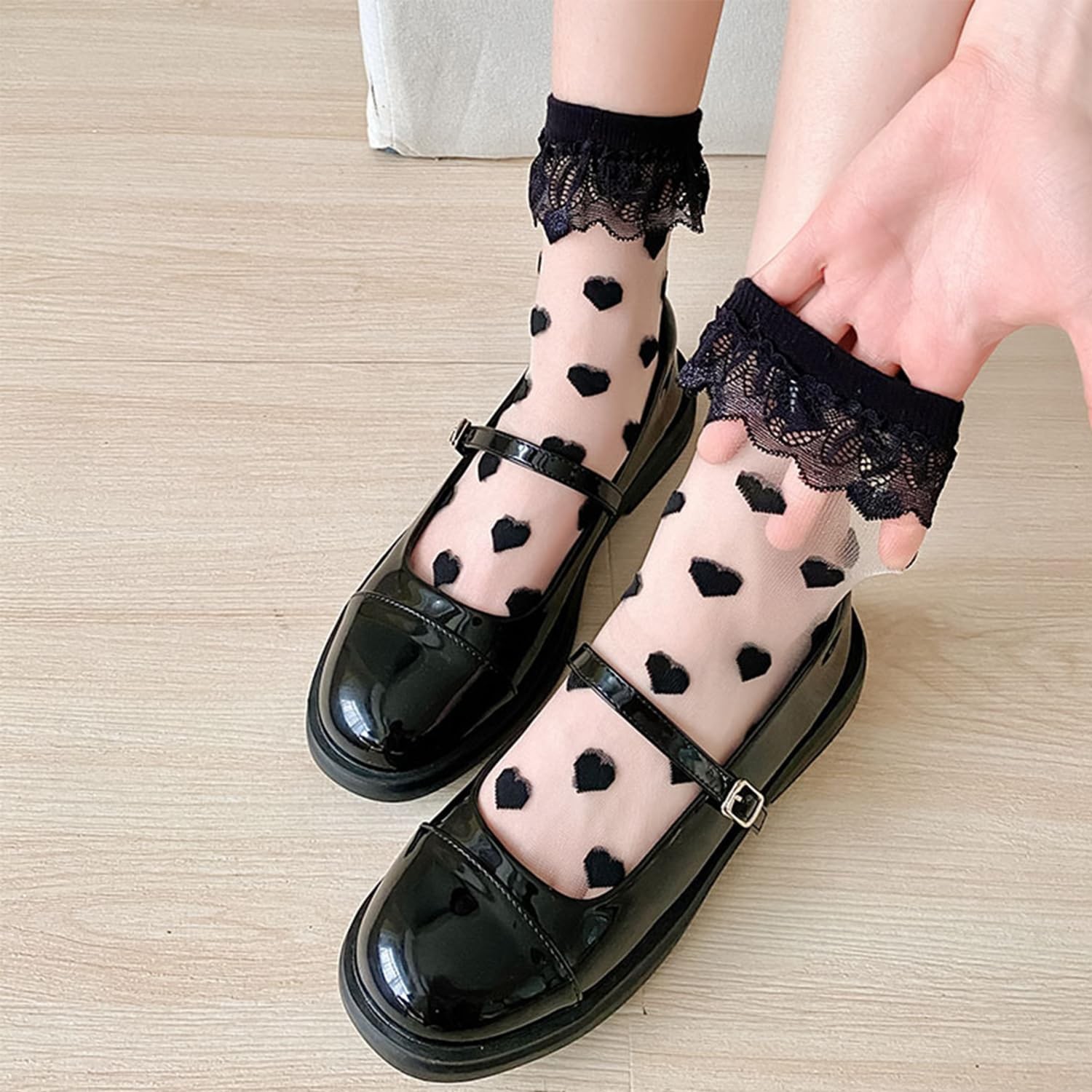 Sheer Ruffle Socks for Women Girls Cute Heart Polka Dot Lace Nylon Mesh Dress…