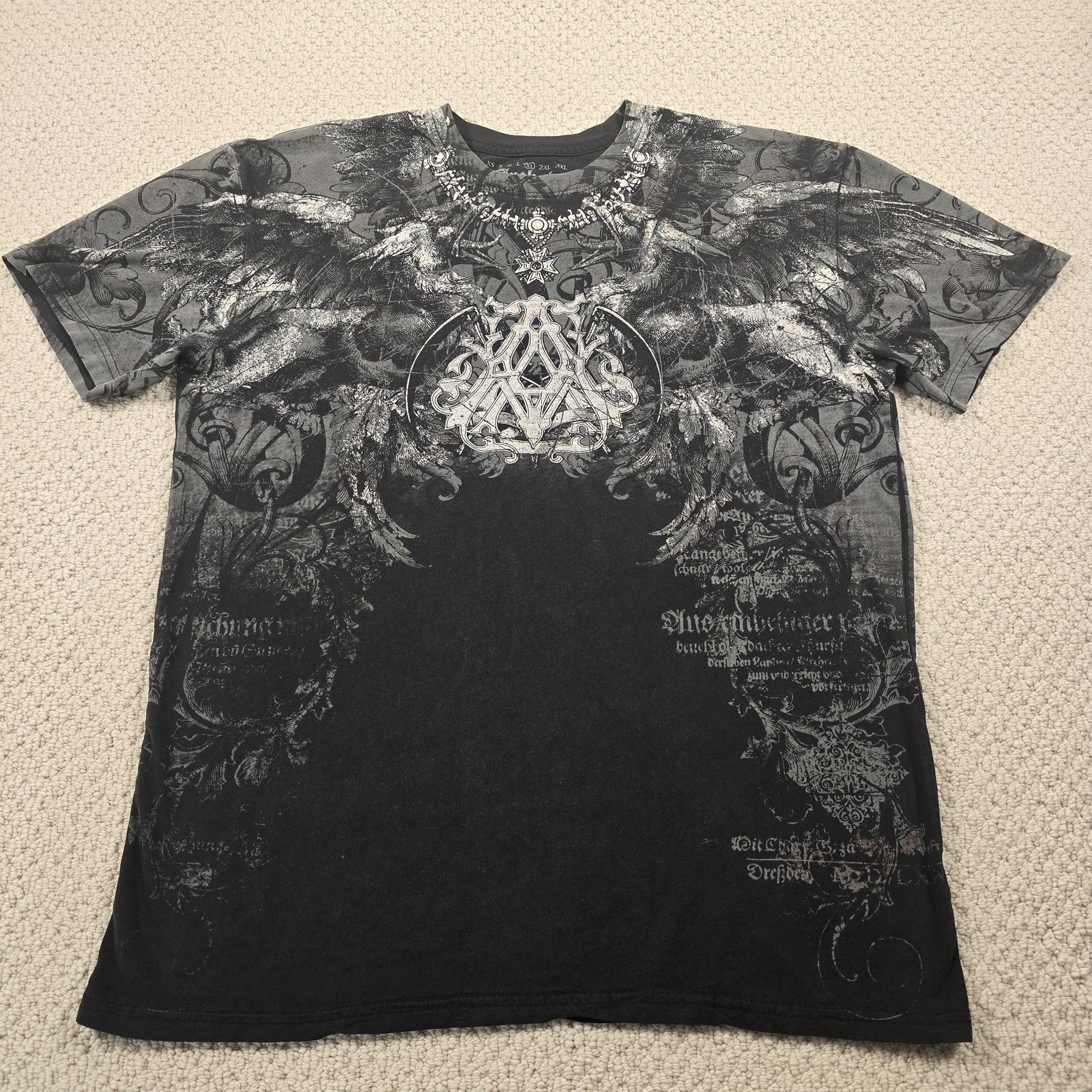 Archaic By Affliction Shirt Mens XL Black Gothic Wings Skull Allover Graphic