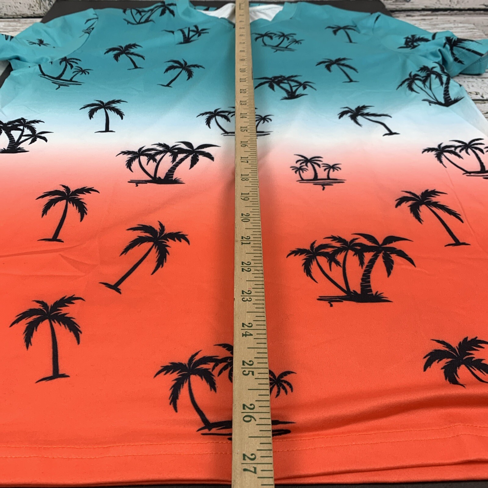 Tropical Palm Tree Print T-Shirt Blue Orange Ombre Graphic Tee [Size Small]