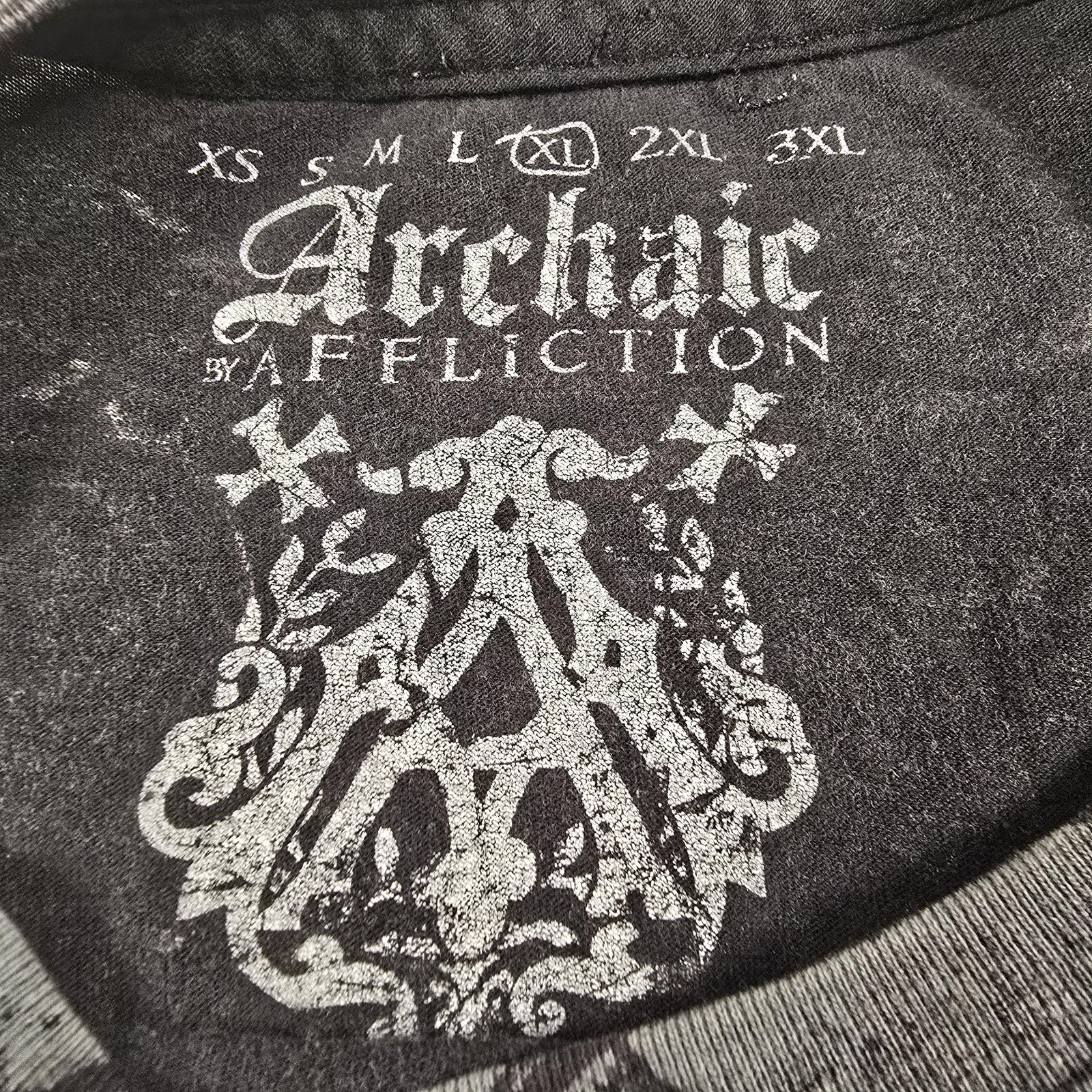 Archaic By Affliction Shirt Mens XL Black Gothic Wings Skull Allover Graphic