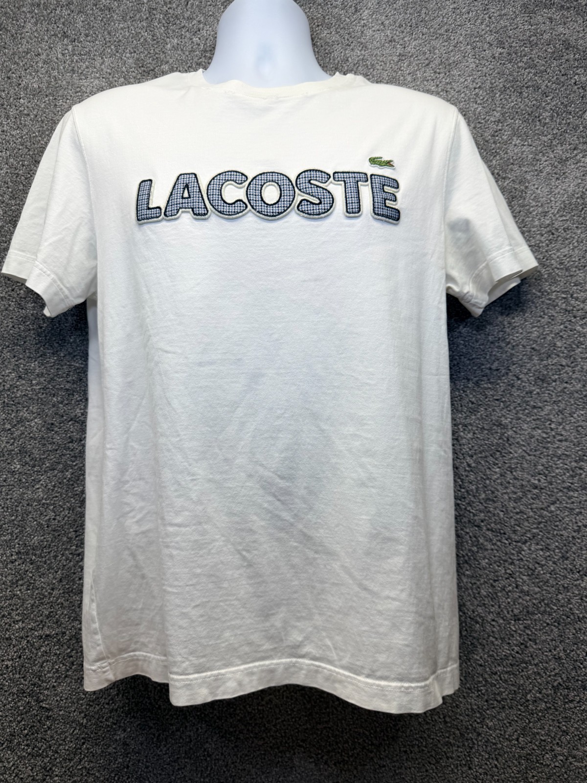 Lacoste T-Shirt Men’s M 4 White Houndstooth Graphic Spell-Out Croc Applique