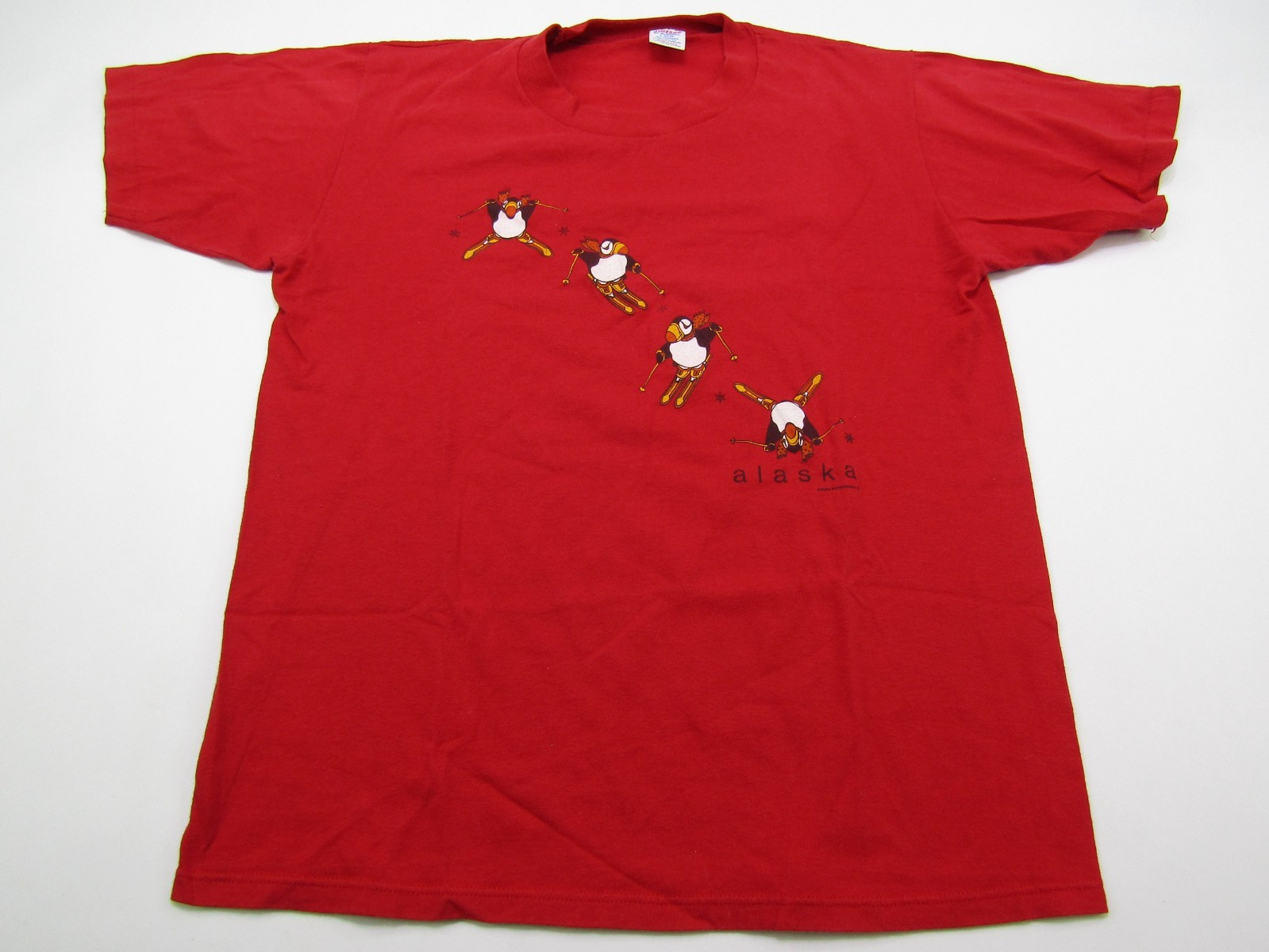 VTG Alaska T-Shirt Adult L 42-44 Skiing Puffins Retro Red Funny Jerzees Tee