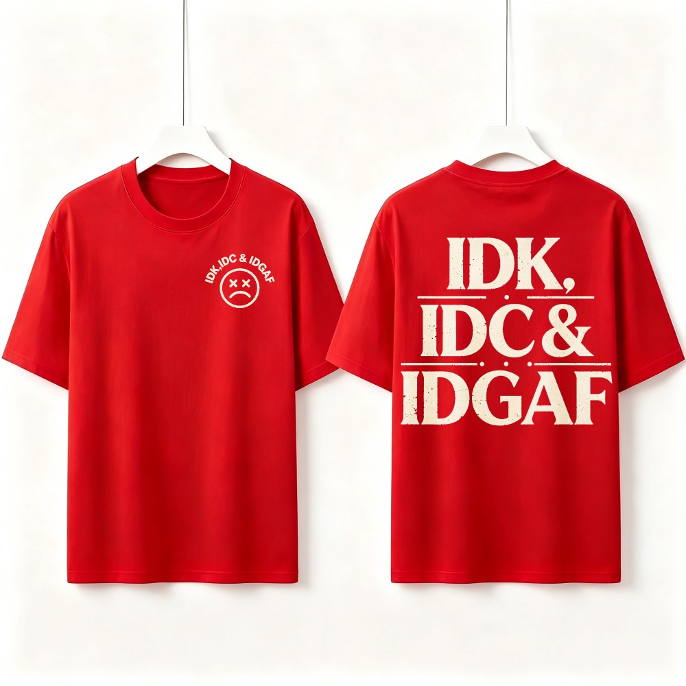 Vintage Distressed IDK IDC IDGAF Tee Double Sided Sad Face Chest Graphic T Shirt
