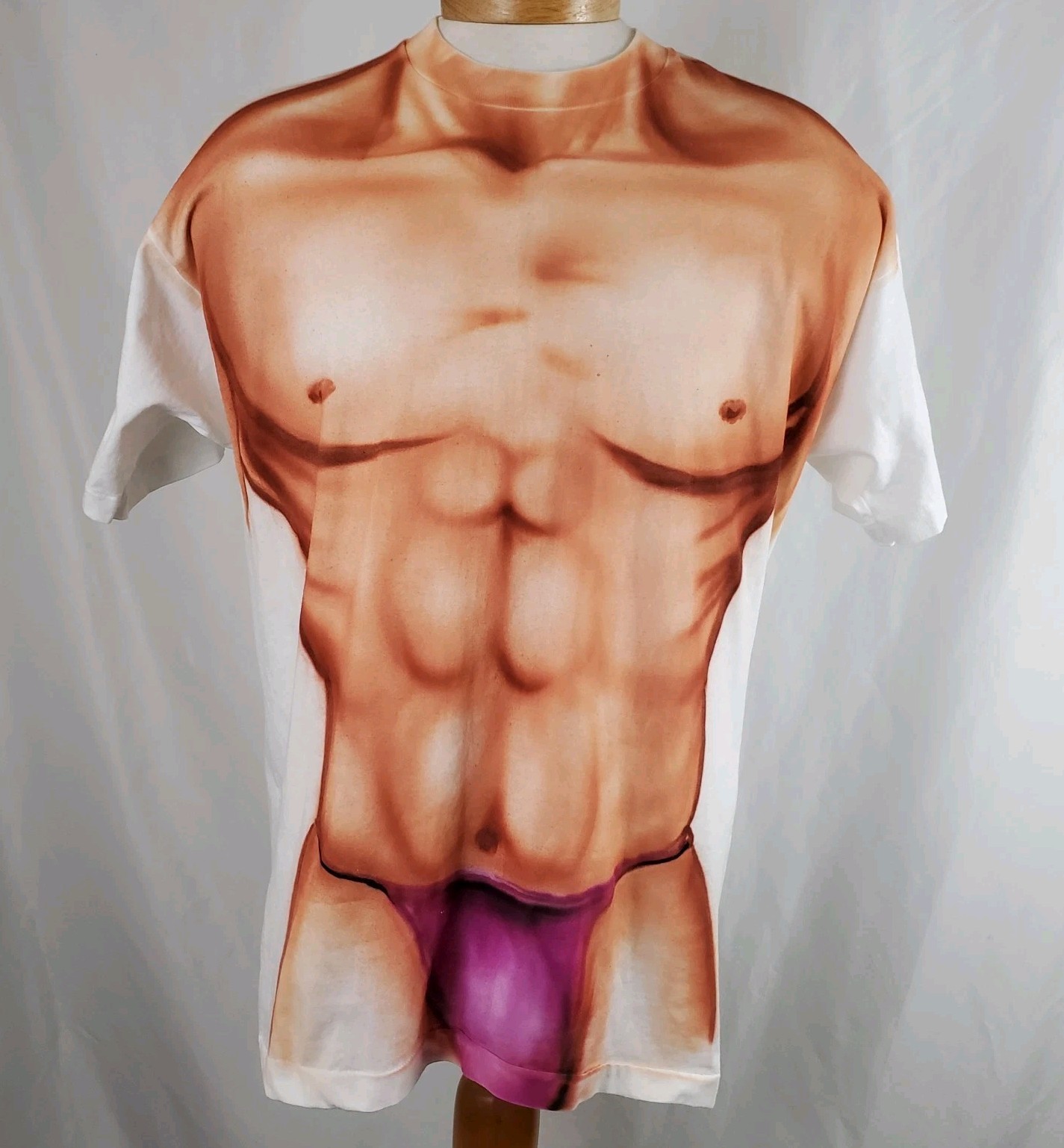 Vintage Fake Six Pack Male Torso T-Shirt XXL White Cotton Poly Single Stitch USA