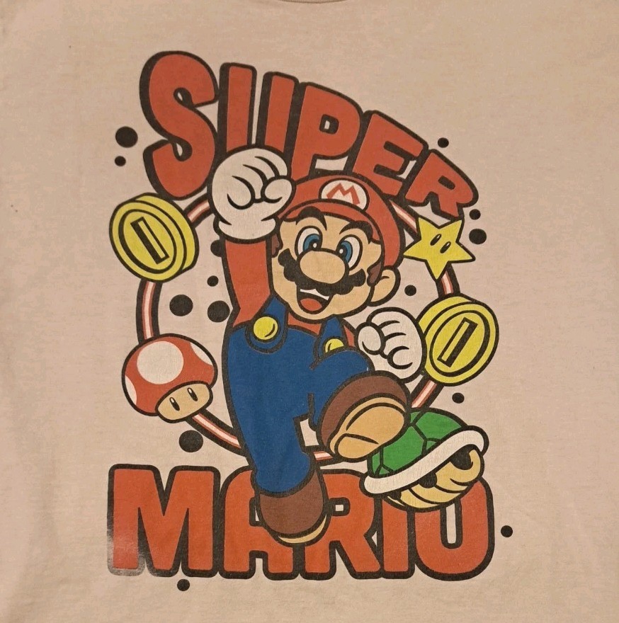 Super Mario Men’s Medium Off-White T-Shirt Video Game Graphic Tee Coins Power Up